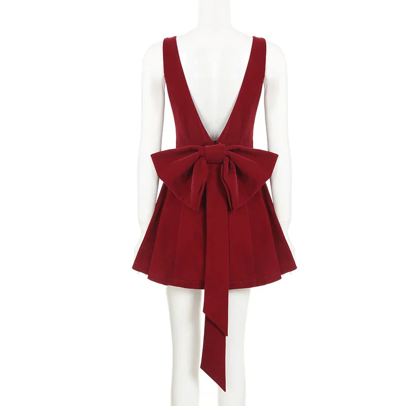 BKLD Fashion Red Bowknot Mini Dress Straps Square Collar Sleeveless Backless Vintage Cute Ladies Slim Party Short A-line Dresses
