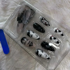 24Pcs Horror Comic Tomie Press on Nails Almond Glossy Black Japanese Anime Nails