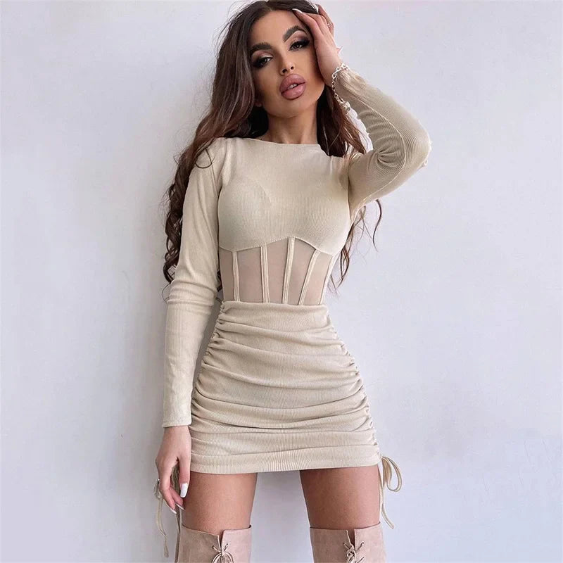 Shirring Mesh Hollow Out Bodycon Dress Women O Neck Long Sleeve Mini Vestidos Ribbed Hot Sexy Dresses Fashion High Street Wear