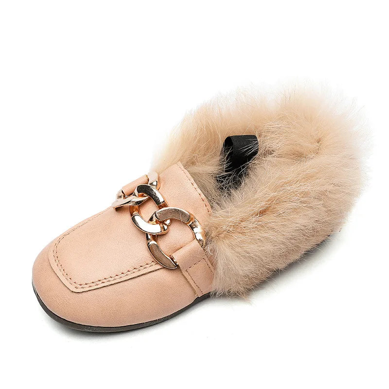 JGVIKOTO Brand Autumn Winter Girls Shoes Warm Cotton Plush Fluffy Fur Kids Loafers With Metal Chain Boys Flats Children Loafers