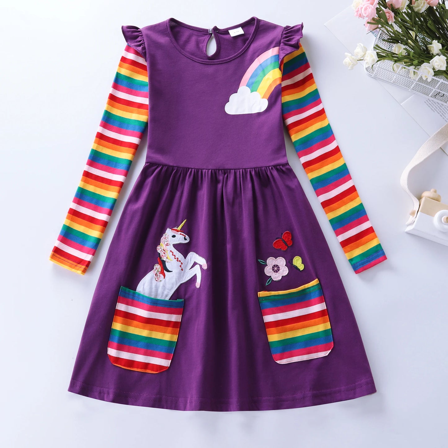 Girls' Long Sleeve Unicorn Dress Autumn Embroidery Two Pockets Rainbow Sleeves