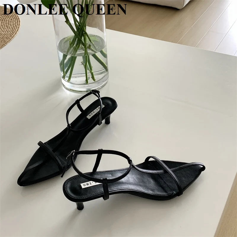 Gladiator Shoes Women Sandals Thin Low Heels Sandals Pointed Toe Narrow Band Simple Sandal Ankle Strap Lady Pumps 2022 Sandalias