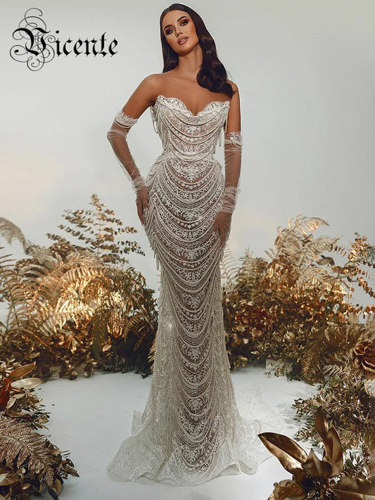 Evening Dresses: Women Luxury Pearl Chain Elegant Mermaid Maxi Long Gown