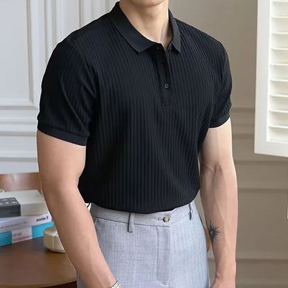 Vertical Stripe Knit Polo Men's Shirts Summer New Slim Solid Color Breathable Turn-Down Collar Business Short Sleeve Polo Tops