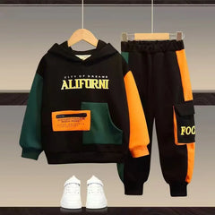 Boys Tracksuit Sets Children Patchwork Letter Sweatshirts+Pants 2Pcs Outfits Teenager Autumn Fashion Hooded Suits Spring Clothes