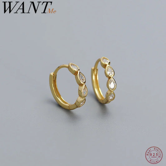 WANTME 925 Sterling Silver Fashion Simple Drop Row Zircon Ear Buckle for Women Elegant European Hoop Earrings Piercing Jewelry