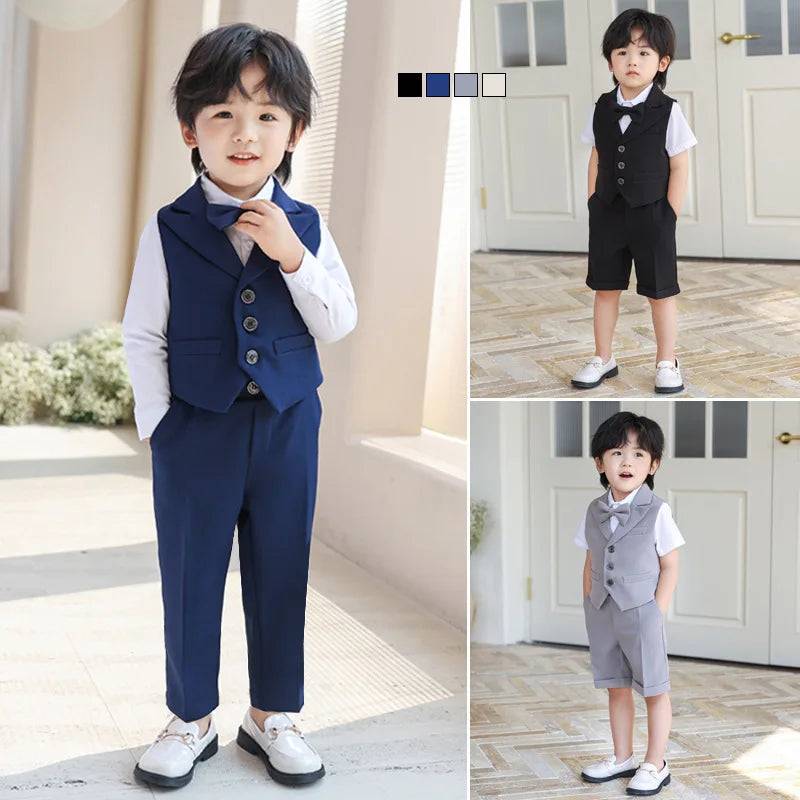 3Pcs Children Boys Black Blue Wedding Suit Teenager Kids Boy Piano Ceremony Tuxedo Suit Formal Vest Shirt Pants Bow Kid Boy Suit