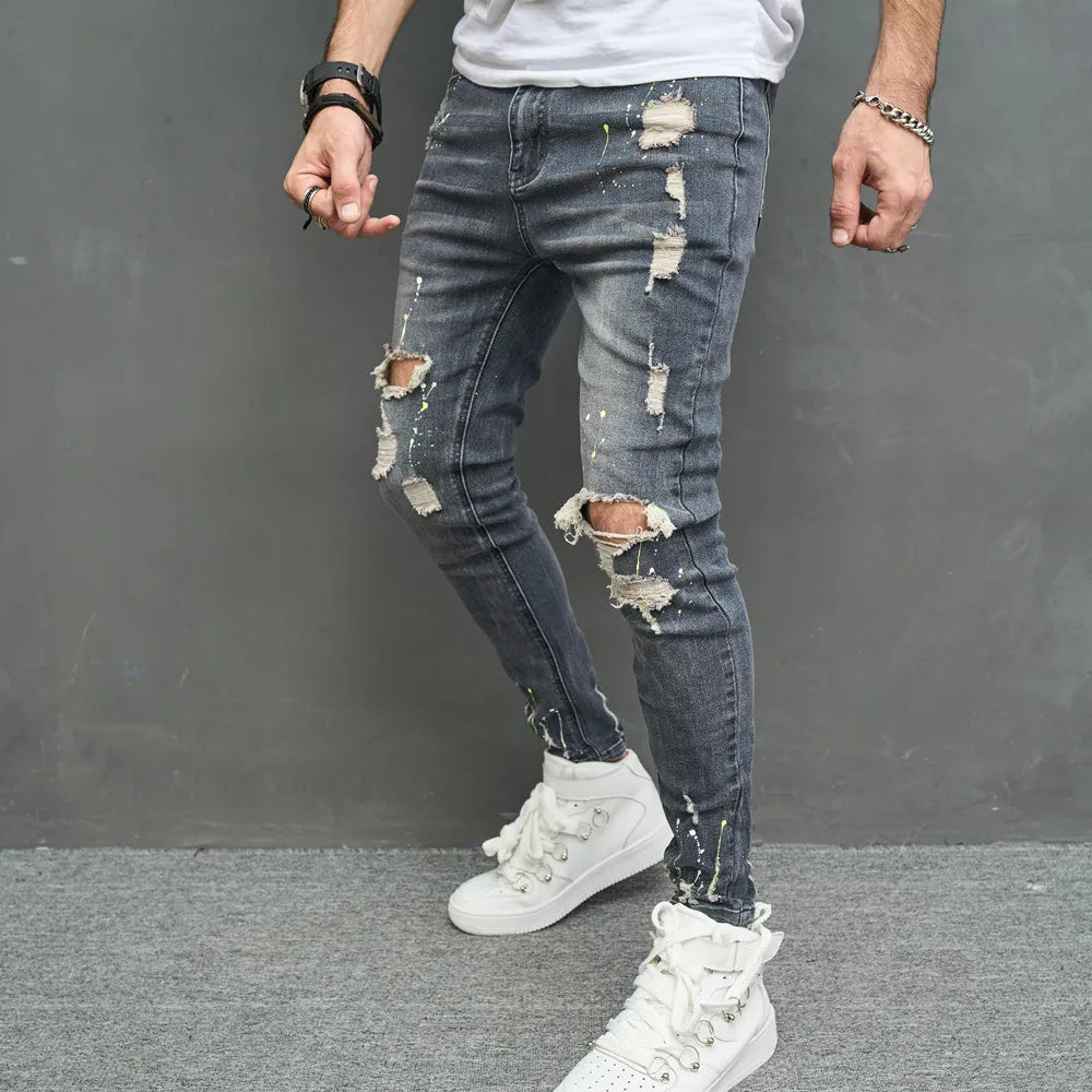 Men Stylish Ripped Skinny Pencil Jeans Pants Streetwear Male Hip Hop Holes