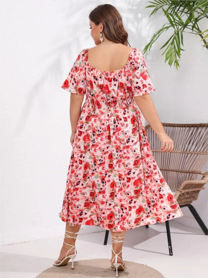 Plus Size Pink Summer Square Collar Midi Dress Women Flower Floral Fashion Ruffle Pleated Ladies Dresses Loose Woman Dress