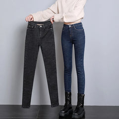 Women Thick Velvet High Waist Skinny Jeans Winter Warm Plush Stretch Snow Jeans