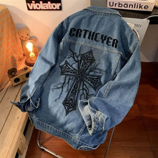 Cross Letter Printed Denim Jacket Man Woman American High Street Spring Lapel  Coats
