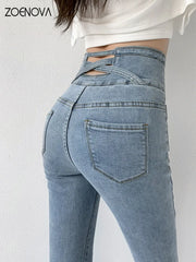 Skinny Pencil Jeans Four Buttons Vintage High Waist Women Slim Stretch Denim Pants