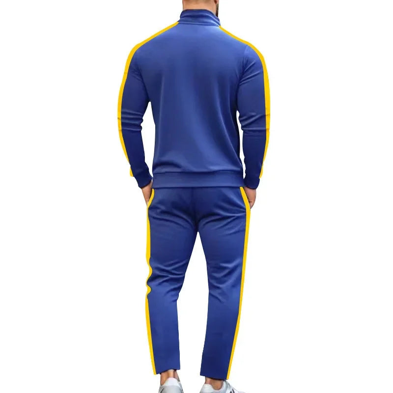 2025 Spring Autumn Men's 2-Piece Set Color Blocking Zipper Stand Collar Casual Sports Jacket Sweatshirt Trousers Suit