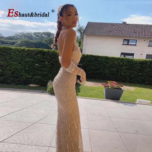 Elegant Mermaid Evening Dress for Women 2024 Luxury Arabic Halter Pearls