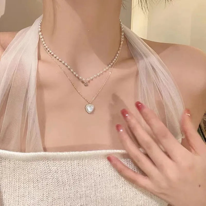 Korean Fashion Sweet Heart Shaped Necklace For Women Crystal Zircon Pendant Clavicle Chain Elegant Romantic Party Gift Jewelry