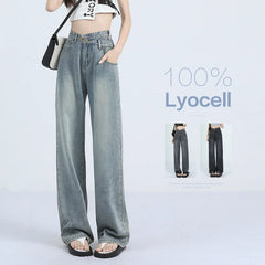 Summer Soft Lyocell Fabric Woman Jeans Thin Loose Wide Leg Straight High Waisted Pant