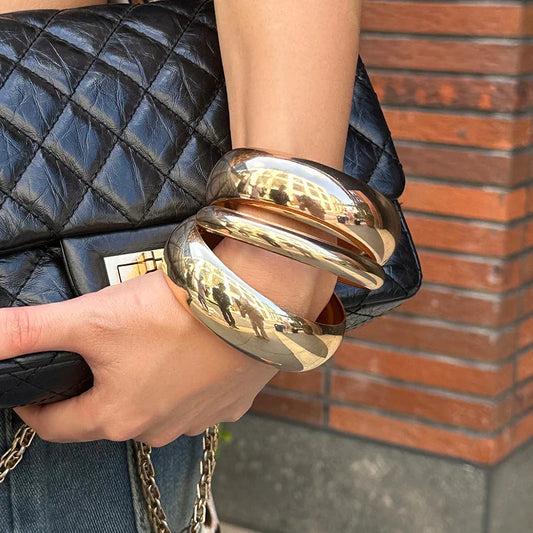 KunJoe 3Pcs/Set Fashion Design Smooth Round Big Bangles for Women Punk Heavy Metal 6.5cm Wide Bracelets Gold Color Hand Jewelry