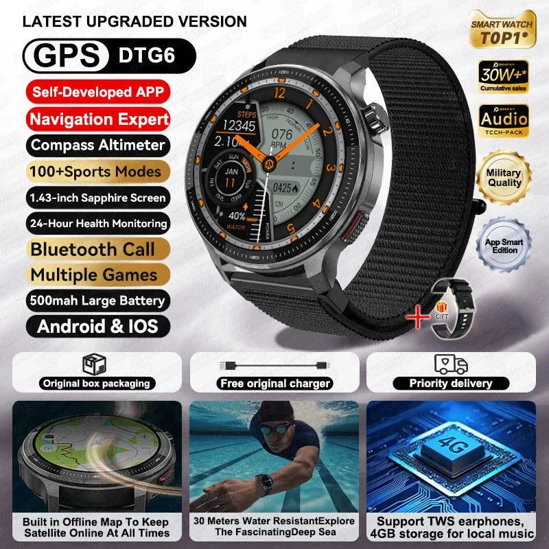 NEW GPS Offline Maps Smart Watch 1.43" AMOLED Military Sports Smartwatch 4GB Memory Video Player 30m Swim Waterproof Bracelet