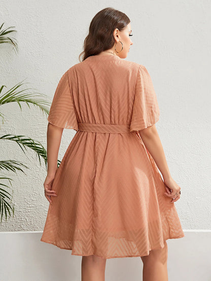 Plus Size Women's Dress Solid Color Wave Short Sleeve Dresses Elegant V Neck Waist Belt Office Lady Robe Summer Gown Clothing