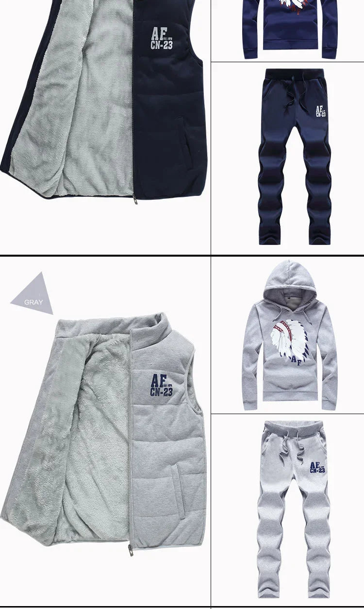 3 Pieces Set Hoodies+Vest+Pants Casual Track Suit Clothing Coats Winter Thick Warm Tracksuit for Couple Printed Mens Set Vest