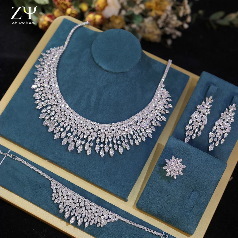 Fashion White 5A CZ Zirconia Leaf Earring Necklace for Women Bridal Weddings Jewelry