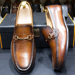 Classic Italian Style Mens Metal Chain Loafers Genuine Leather Slip on Dress Shoes