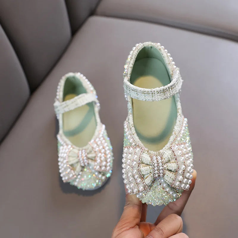 Girls Princess Shoes 2023 Autumn Baby Kids Flats Fashion Mary Jane Brand Sandals Toddler Party Dress Dance Pearl Bow Soft Sole