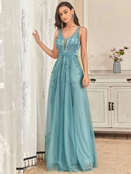 Homecoming Dresses: Long Lace Beading V Neck Sleeveless Prom Dresses Women