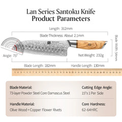 7'' Inch Santoku Knife 73 Layers Real Damascus Steel Pattern Knives