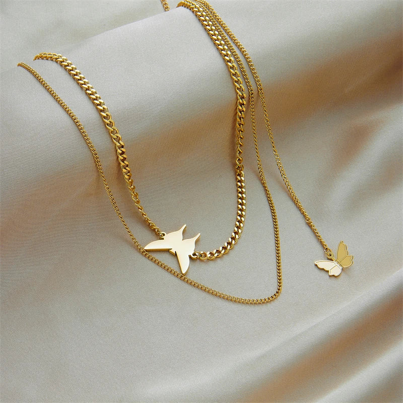 Stainless Steel Geometry Star Moon Butterfly Pendant Multilayer Chain Choker Necklace