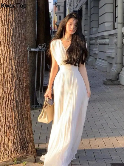 2024 Summer Solid Pleats Long Dresses French Elegant V Neck Holiday Party Vestidos Women High Waist Wedding Robe Ladies Clothes