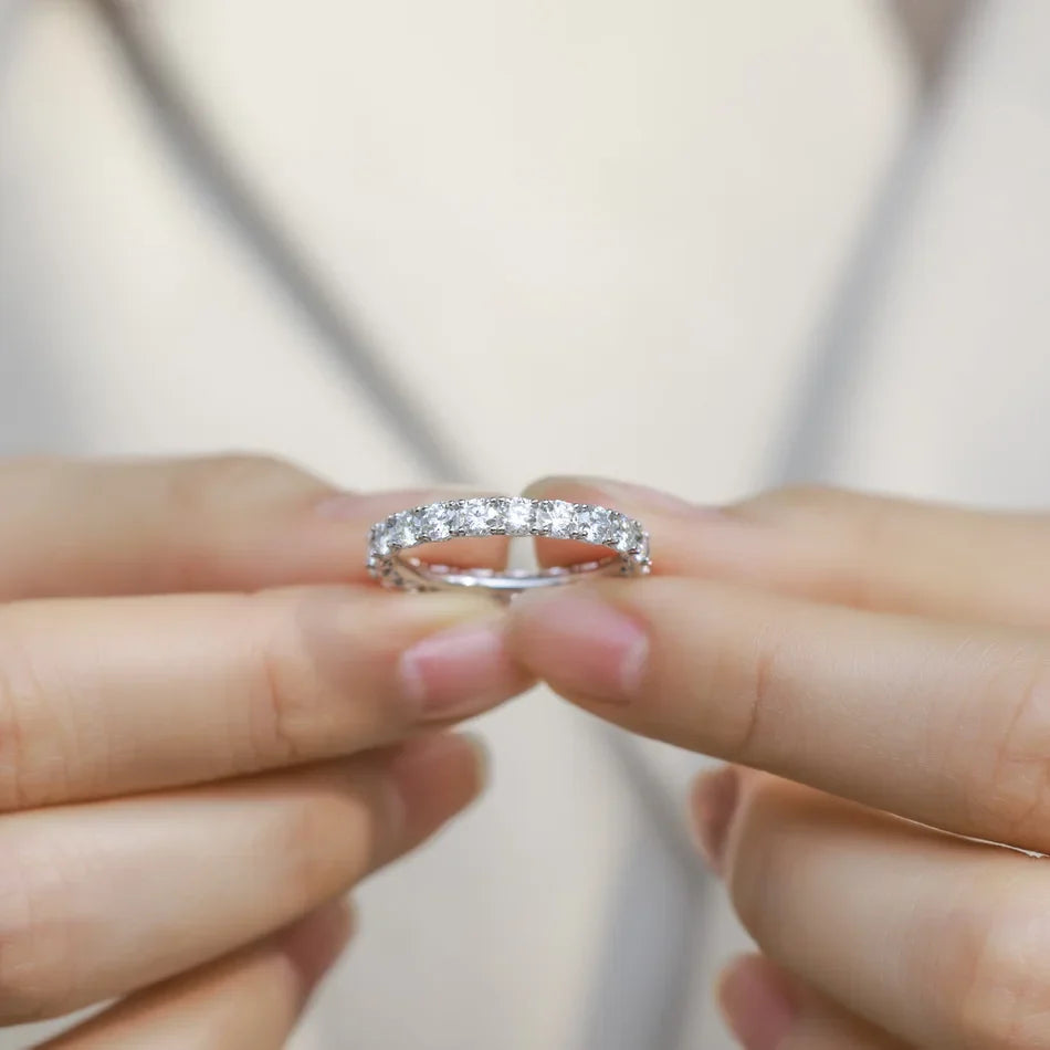 ALLNOEL 2mm Full Moissanite Ring for Women D Color VVS1 Female Single Tail Ring 925 Silver Ring Wedding Eternity Band With GRA