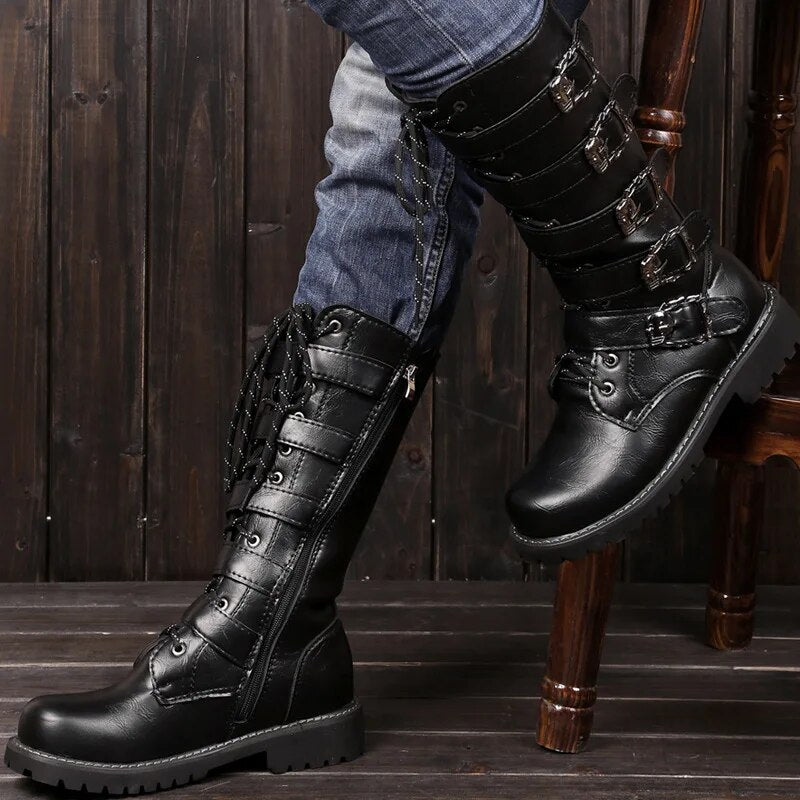 New 2023 Men Leather Motorcycle Boots Fashion Mid-Calf Punk Rock High Top Casual Boots Men Shoes Military Riding Boots Black