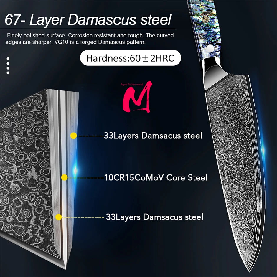 Damascus Knife Chef Knife Japanes VG10 67 Layer Steel Cleaver Paring Bread Knife