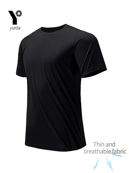 Round Neck T-Shirt 1 Piece Black Ultra-Light Men's Quick Drying Breathable Sweat-Absorbent Shirt Suitable for Fitness Gym and Ru