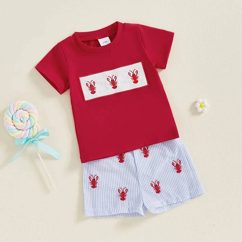 Toddler Baby Boy Summer Outfit Lobster Crawfish Embroidery Short Sleeve T-Shirt Top Striped Shorts Set Ocean Clothes
