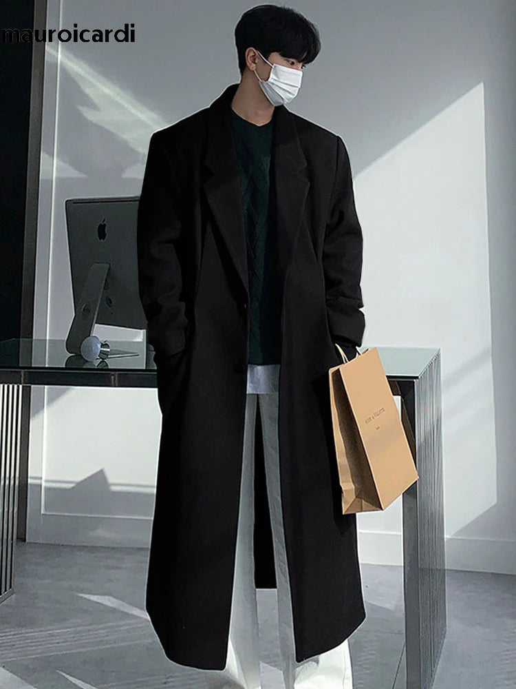 Autumn Winter Long Thick Warm Soft Fitted Woolen Coat Men Single Breasted Cool
