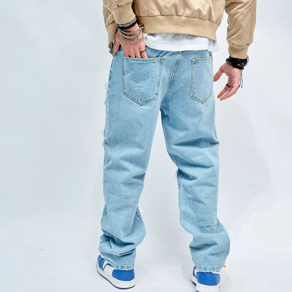 Men Ripped Patch Hip Hop Loose Jeans Pants Streetwear