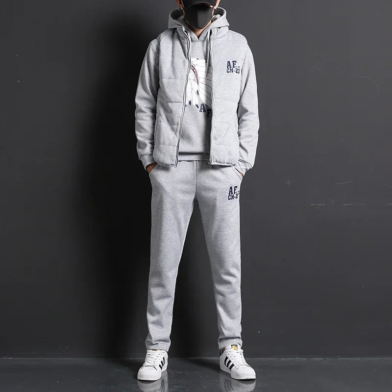 3 Pieces Set Hoodies+Vest+Pants Casual Track Suit Clothing Coats Winter Thick Warm Tracksuit for Couple Printed Mens Set Vest