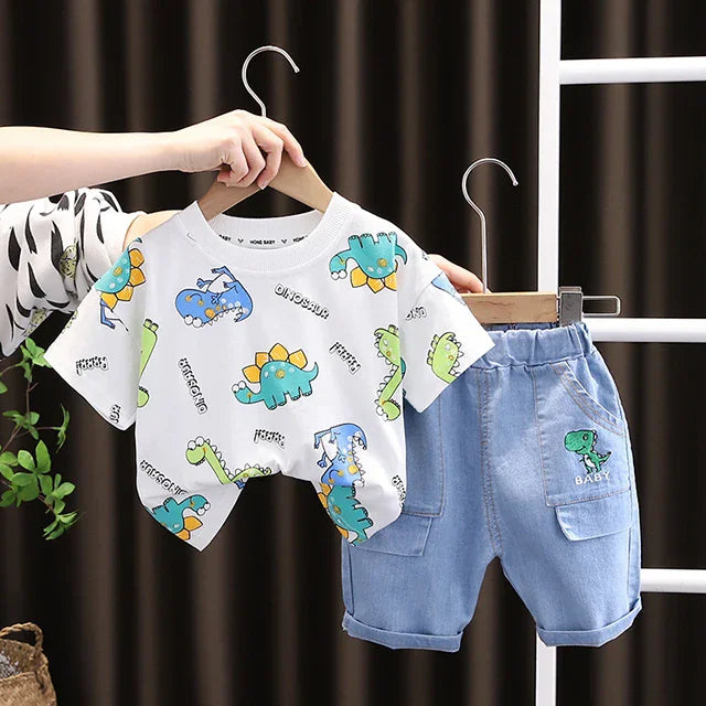 Boys Clothes Summer Fashion Crew Neck Children Tracksuit Dinosaur T-shirt Denim Shorts Suit Kids Outfit Baby Boys Set 1-5 Years