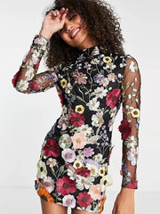 Floral Elegant Luxury Mini Dress Women  Embroidery Half High Collar Long