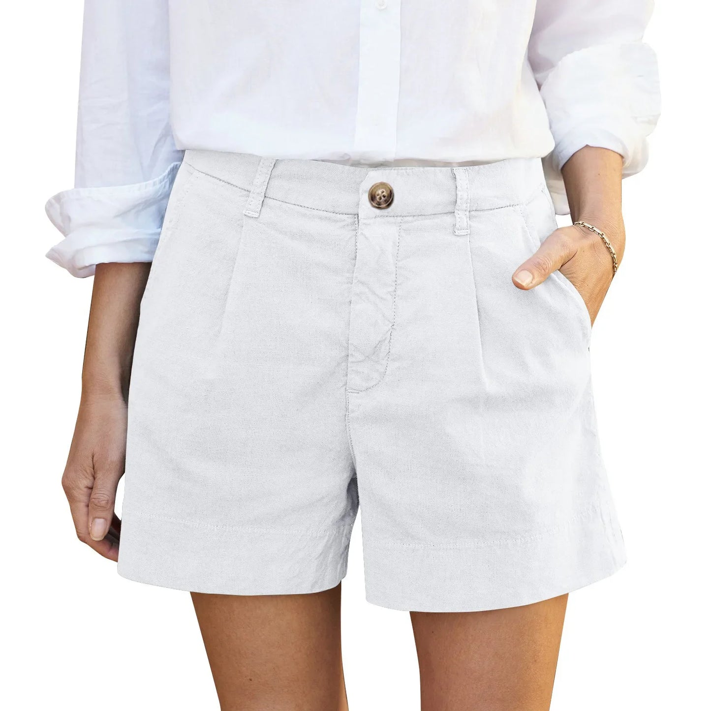 Cotton Linen Solid Shorts For Women Button High Waist Summer Loose Casual Pockets Shorts Female Pants Women Clothing