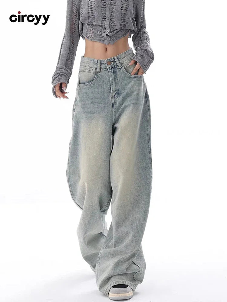 Waisted Jeans Women Autumn Button Full Length Wide Leg Denim Pants