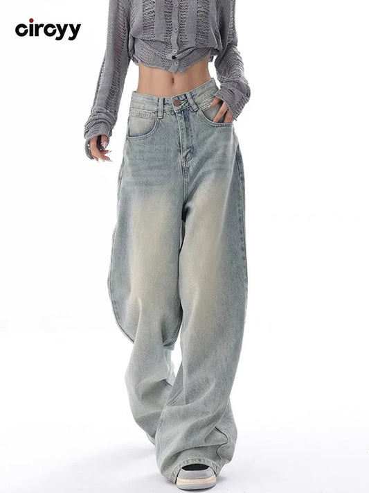 Waisted Jeans Women Autumn Button Full Length Wide Leg Denim Pants