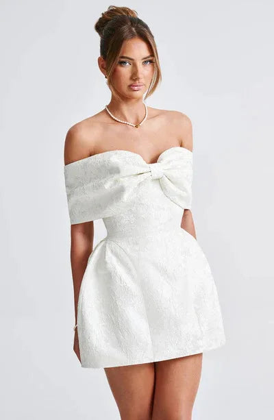 Fashionable And Sweet Slim Fit Jacquard Strapless Tie Bow One Shoulder Short Skirt American Sexy Temperament Solid Color Dresses