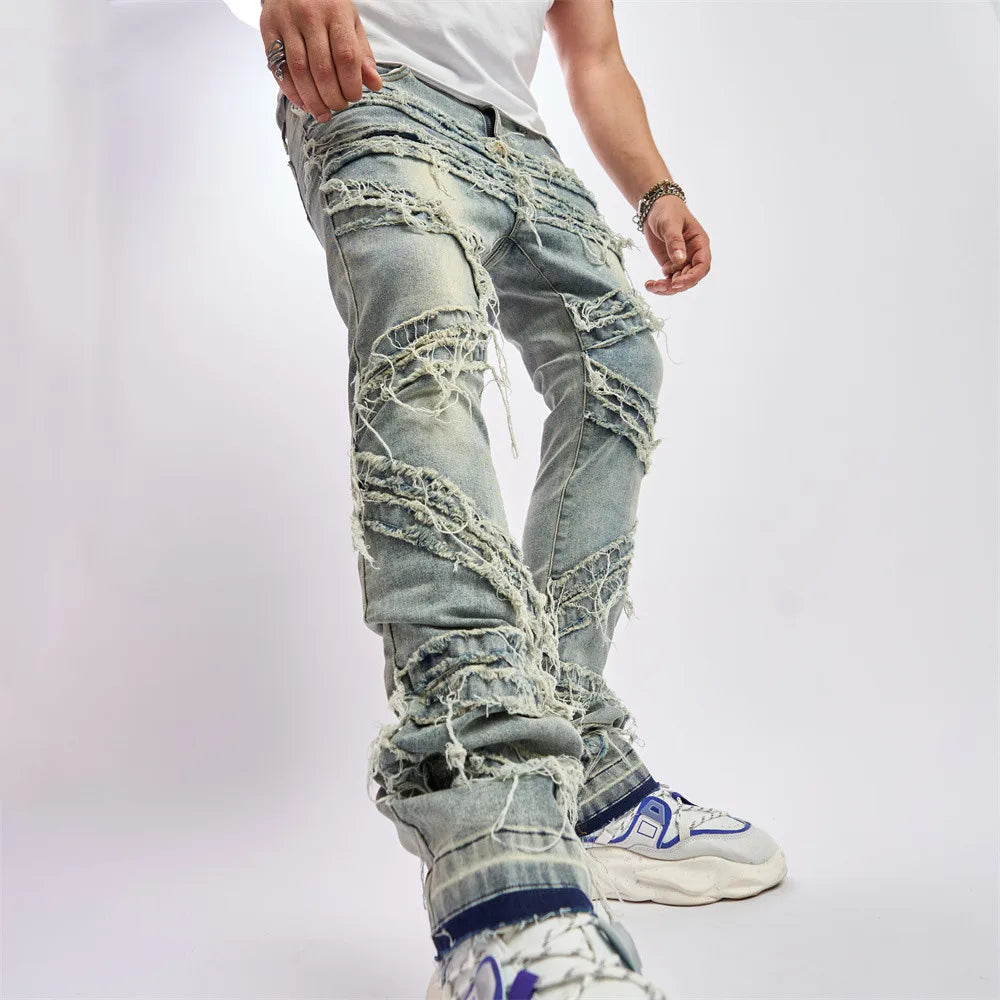 Men Vintage Stylish Loose Ripped Patch Jeans Pants Streetwear Male Solid Casual