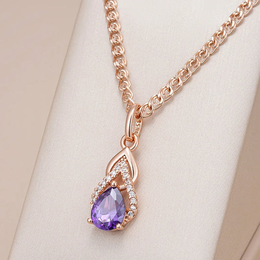 Sparkling Purple Water Drop Natural Zircon Pendant Necklace for Women 585 Rose