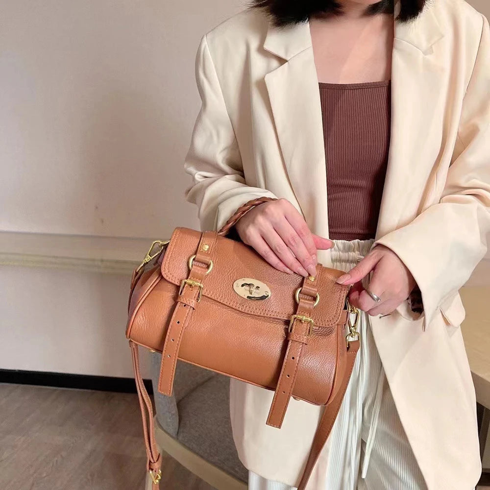 Retro Cowhide Women Messenger Bag Braid Top Handle Genuine Leather