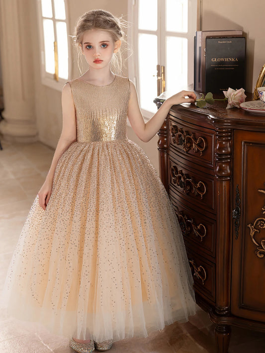 Girl Princess Dress High-end Champagne Sequined Dress for Girls Wedding Birthday Party Puffy Gauze Skirt Bridesmaid Dresses