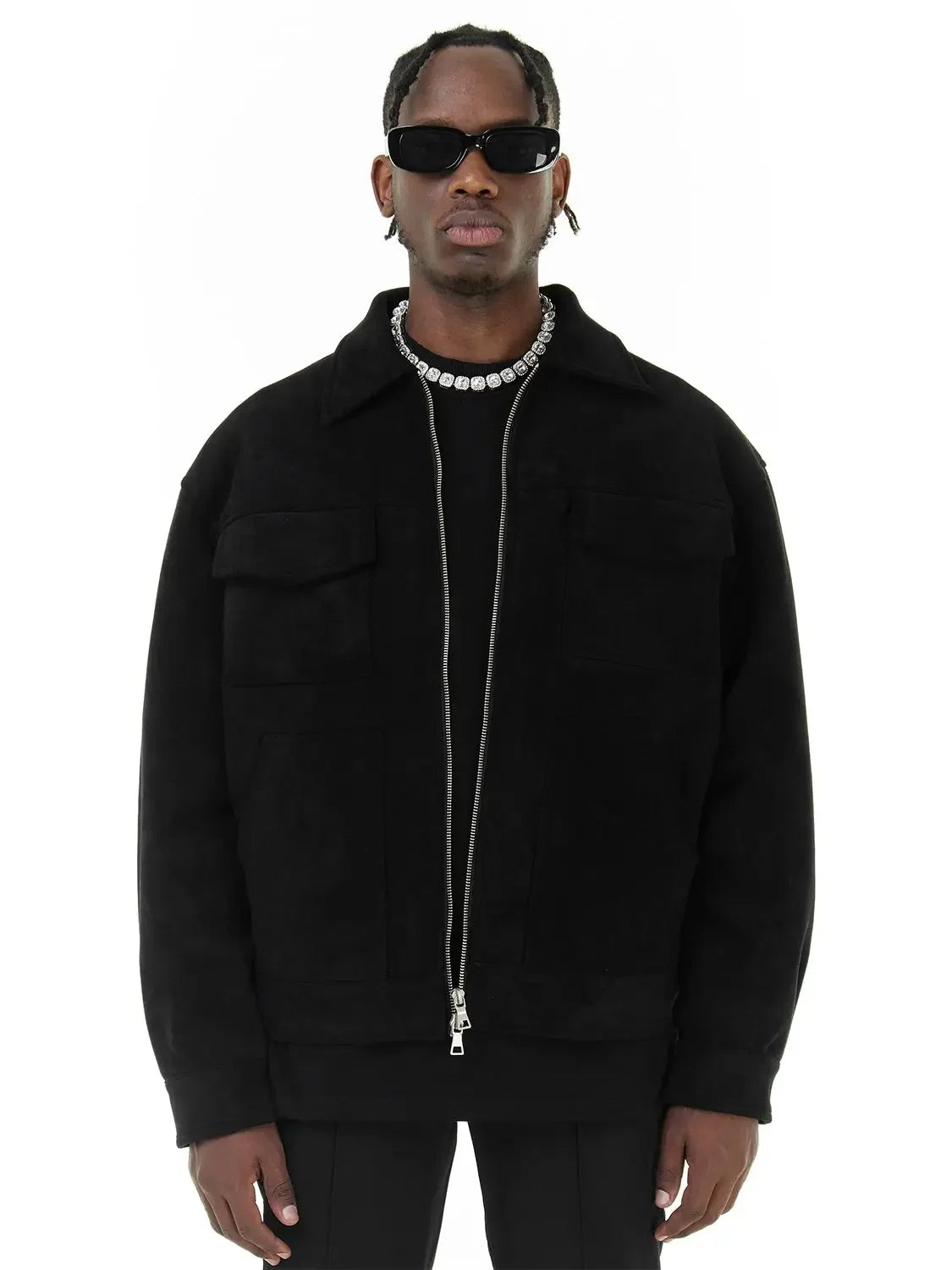 Vintage High Street Suede Material Crock Jacket With Zipper Lapel Casual Short Jacket